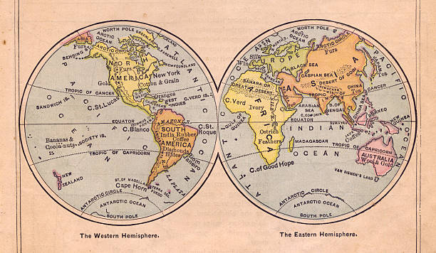 1867, Old, Color Map of Western and Eastern Hemispheres Color image of an old map of the Western and the Eastern Hemispheres, from the 1800's. "Introduction to Monteith's Manual of Geography," copyright 1867. antarctic ocean photos stock pictures, royalty-free photos & images