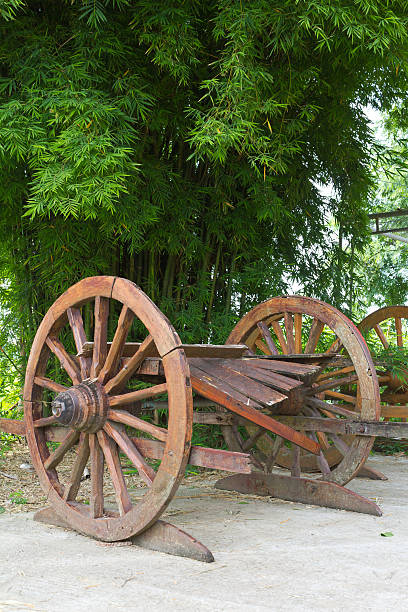 istock Old wagon wheel near the bamboo grove. 471421759