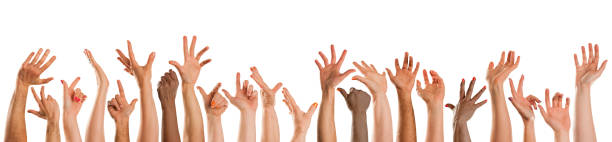 istock Mixed nationality hands with gestures of celebration 471426193