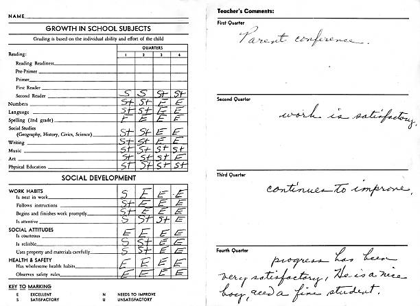 Vintage Report Card Inside of 1956 elementary school report card. Horizontal. report card stock pictures, royalty-free photos & images