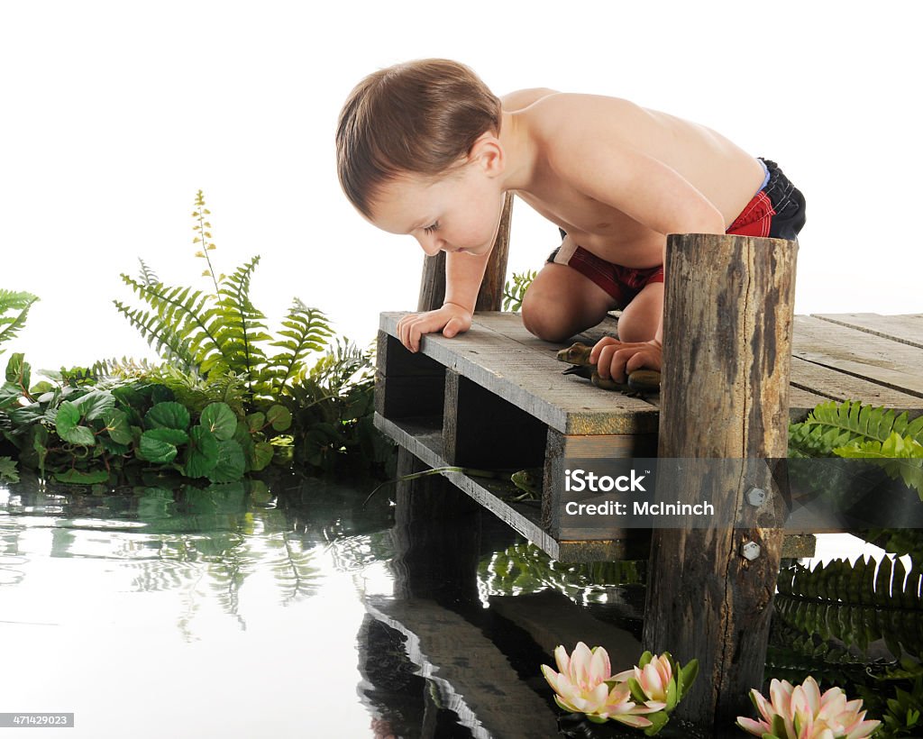 What's in the Water? An adorable preschool "swimmer" looking down into the water from a rustic, old dock.  On a white background. 2-3 Years Stock Photo