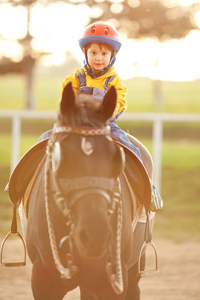 istock Little boy riding a brown horse 471435021