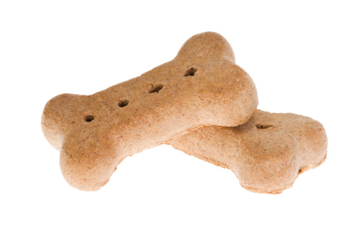 Two Dog Biscuits against a white background