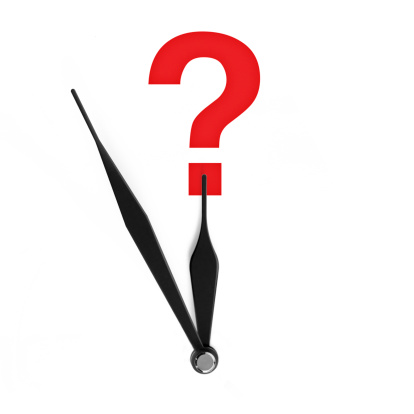 Close-up of clock's hands in front of a red question mark on white background. The color of the question mark can be easily modified in photoshop by moving the Hue/Saturation slider.