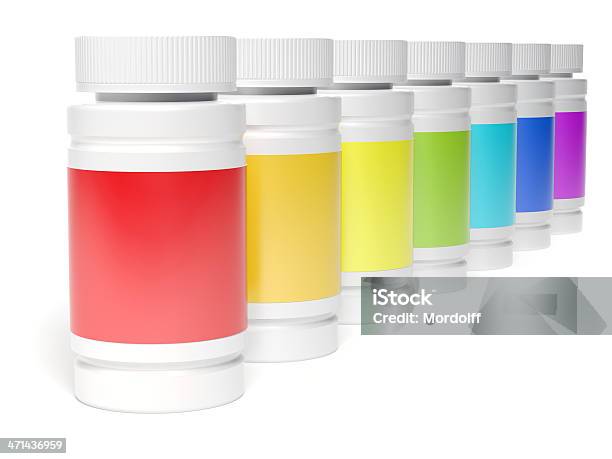 Rainbow Медицины Бутылки На Белом — стоковые фотографии и другие картинки Без людей - Без людей, Белый, Белый фон