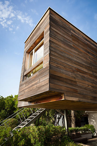 A luxury house built with ecological materials in a green garden.