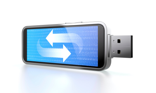 3D illustration of flash drive with blue screen which shows data transfer