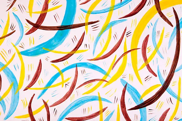 An abstract acrylic painting (by the photographer) in lines of blue, yellow, and brown.