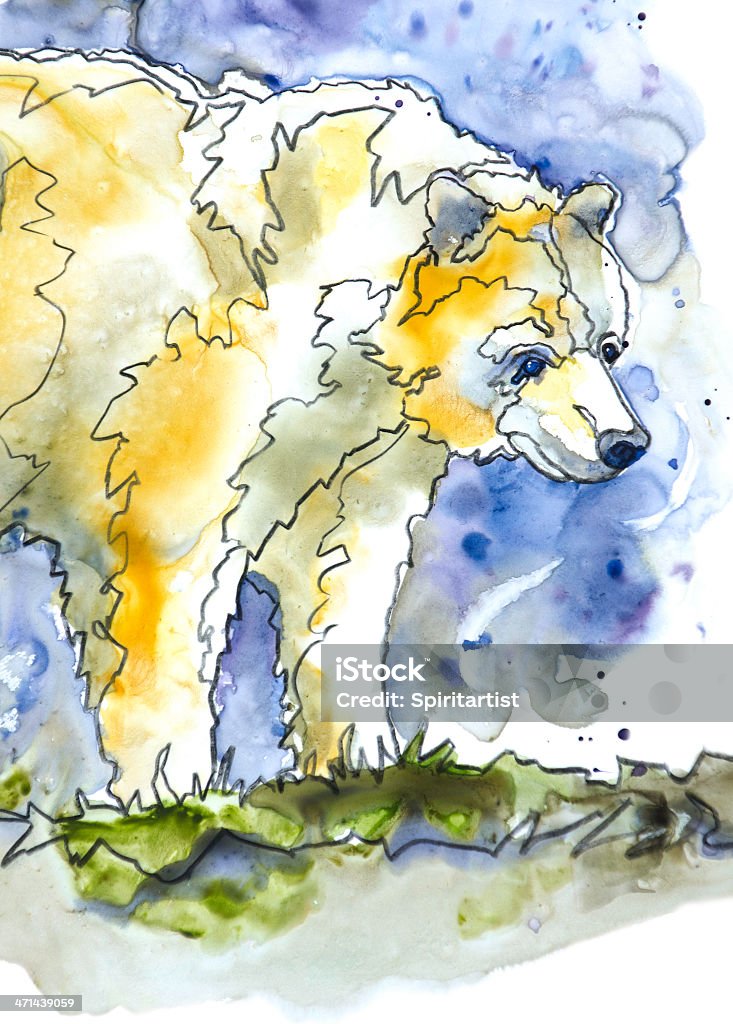 Spirit Bear This "Spirit Bear" painting was photographed and created by me, Sandy Sandy. This was inspired by the mystical white black Bears that live up in British Columbia, Canada. It has minimal post processing and shows off the granular imperfections of natural pigments. Interesting color transitions flow and mingle in a soft organic way, like nature itself and only true watercolor paint can.  This image was painted with real water, synthetic brushes and transparent watercolors which sit on the surface of this synthetic plastic yupo paper.  The results of this technique are very interesting and unique. Indigenous North American Culture stock illustration