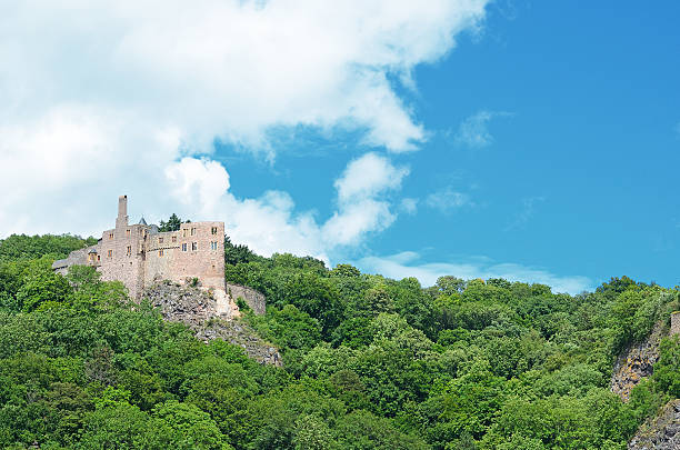 Old Castle Ruin on green rocky Hill under clear blue Sky