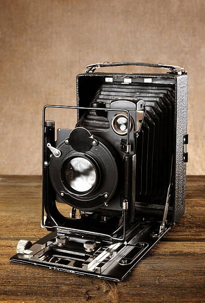 istock Vintage plate-camera on a wooden table. 471439812