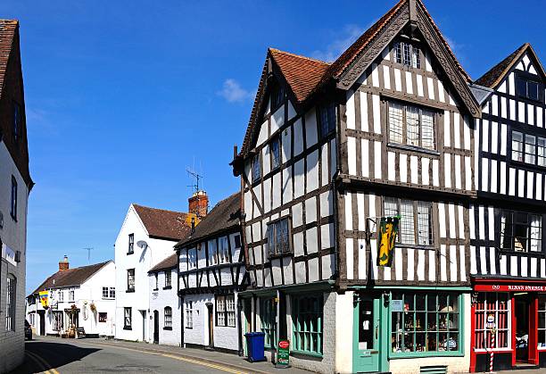 Tewkesbury, United Kingdom - September 8, 2014: Tudor buildings on the corner of Church Street and St Marys Lane, Tewkesbury, Gloucestershire, England, UK, Western Europe.