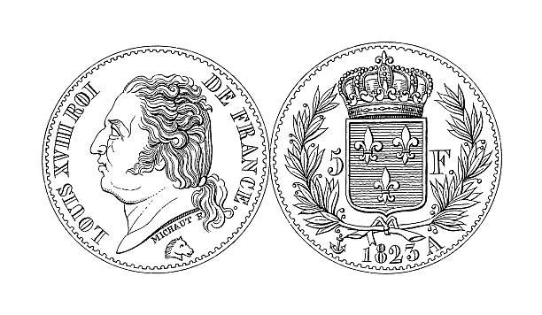 ilustraciones, imágenes clip art, dibujos animados e iconos de stock de 19 th century rey luis xviii de cinco moneda de franco thaler/historic ilustraciones - french currency illustrations