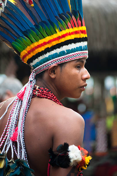 Paresí Bertioga, Brazil, April, 19, 2015: Indigenous of ethnic group Paresí from Brazil using a headdress during the National Indian Festival held annually in April in the city of Bertioga in the southeast coast of Brazil headdress stock pictures, royalty-free photos & images