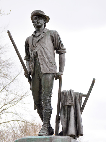 A close-up of the famous Minute Man Statue, sculpted by Daniel Chester French in 1875. This statue stands in Concord, Massachusetts on the very spot where the colonial militia gathered at North Bridge to stop the advancing British troops. Across North Bridge was fired \