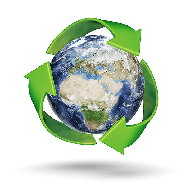 Recycle Earth - European Eastern Hemisphere A 3D Rendering of Earth surrounded by the recycle symbol with Clipping Path eastern hemisphere stock pictures, royalty-free photos & images