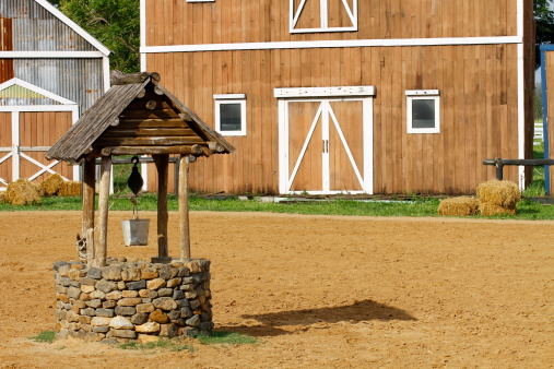 Water well with bucket and roof