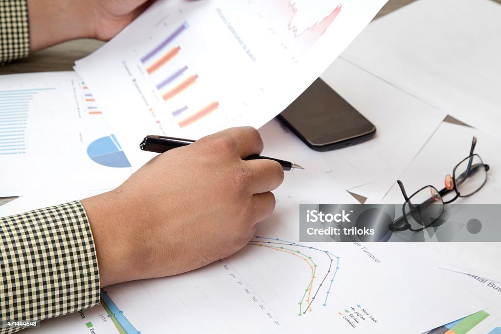Businessman checking business reports Cross-checking Business Reports 2015 Stock Photo