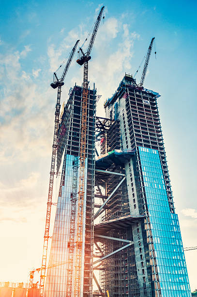 plac budowy nowego europejskiego banku centralnego budynku - blue construction construction site crane zdjęcia i obrazy z banku zdjęć