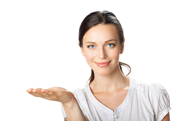 istock Business woman showing, isolated 471448099