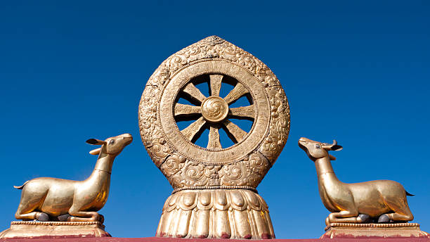 rueda dorada del dharma, templo de jokhang, lhasa, el tíbet - rueda del dharma fotografías e imágenes de stock
