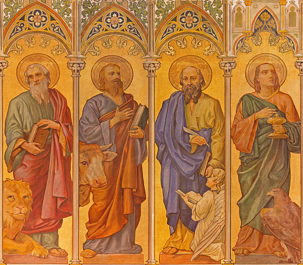 Trnava - The neo-gothic fresco of four evangelists Trnava - The neo-gothic fresco of four evangelists (Mark,Luke,Matthew,John) by Leopold Bruckner from end of 19. cent. in Saint Nicholas church. gospel stock illustrations