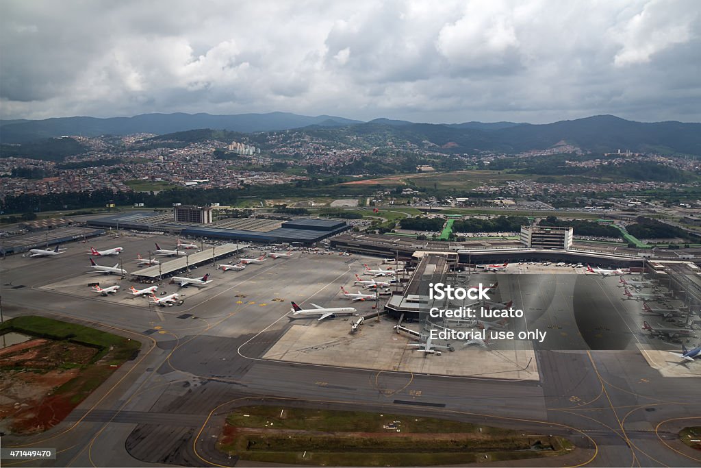 Aerial view of GRU airport Guarulhos, SP, Brazil - Mar 22, 2015: Aerial view of International airport of Sao Paulo - Guarulhos airport - GRU airport, also knwon as Cumbica airport and Governor Andre Franco Montoro. Airport Stock Photo
