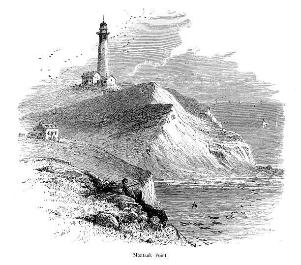 монток-поинт, eastern long island/исторический американский иллюстрации - the hamptons long island lighthouse stock illustrations