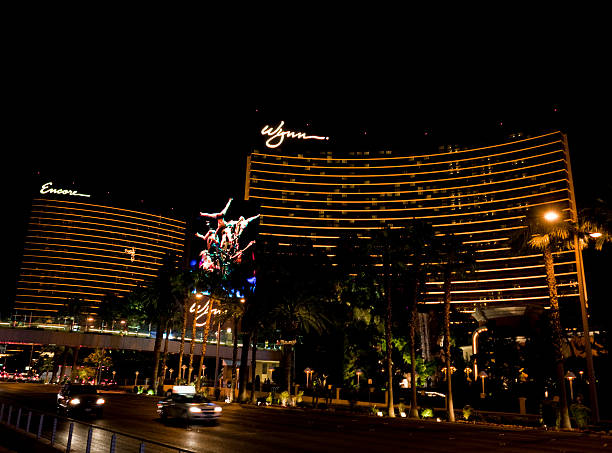 Las Vegas, United States - Feb 10, 2024:  Night view of O'Sheas and Flamingo Las Vegas Hotel & Casino in Las Vegas Strip, Nevada during early 1990s