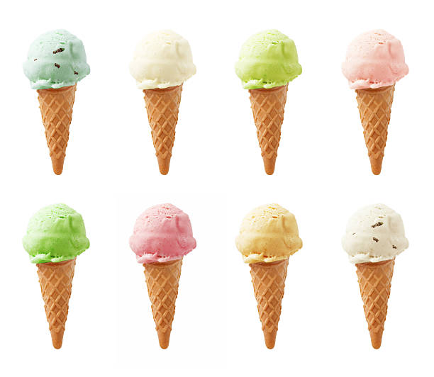 Ice Cream - Eight flavors Ice cream cones isolated on white background. gelato stock pictures, royalty-free photos & images