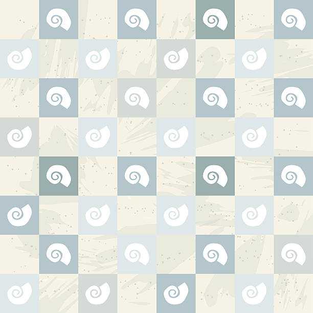 White marine sea snail repetitive pattern, blue and grey squares vector art illustration