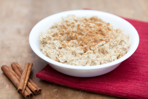 Bowl of oatmeal for breakfast with cinnamon and sugar.
