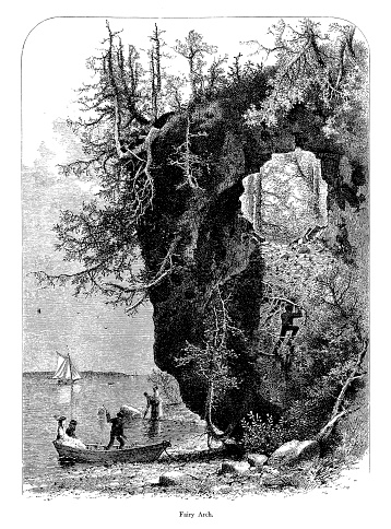 Antique illustration of Fairy Arch, on Mackinac Island, the U.S. state of Michigan. Engraving published in Picturesque America (D. Appleton & Co., New York, 1872). 