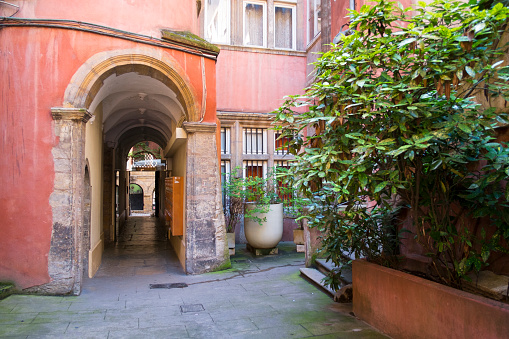 Partial view of a traboule, an ancient passageway between buildings typical of the french city of Lyon. These passages date back to medieval times, and were declared as World Heritage Sites by UNESCO.