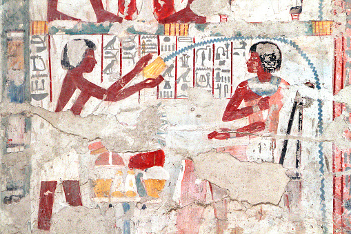 Polychrome wall painting from the tomb of Userhat, royal scribe and noble in 13th century BC Egypt.  The tomb, which is number TT56, is located in the Sheikh Abd el-Qurna area, part of the Theban necropolis on the West Bank near Luxor.