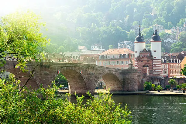 Heidelberg, Germany, the historical "Old Bridge" and Neckar river in the morning sunlight
