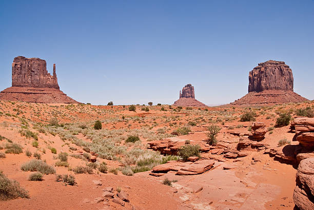 The Mittens and Merrick Butte Located on the Arizona/Utah border at an elevation of 5200 feet, Monument Valley is filled with unique sandstone formations. This scene is of the iconic Mittens and Merrick Butte. Monument Valley Tribal is located near Oljato, Utah, USA. west mitten stock pictures, royalty-free photos & images