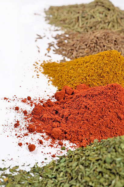 istock Heaps of different dry spices on a white 471456166