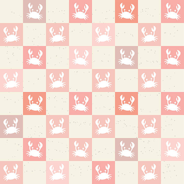 White Crabs on Peach Squares Background. Seamless repetitive pattern vector art illustration