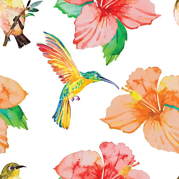 Vector illustration of Hibiscus. Tropical plants and birds seamless pattern. Exotic flo