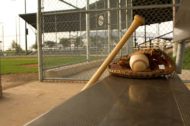 de baseball bat et gant dans le banc de touche - dugout baseball bench bat photos et images de collection