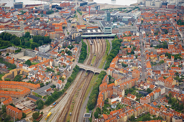 istock City from above with industry, trainstation and harbor 471457209