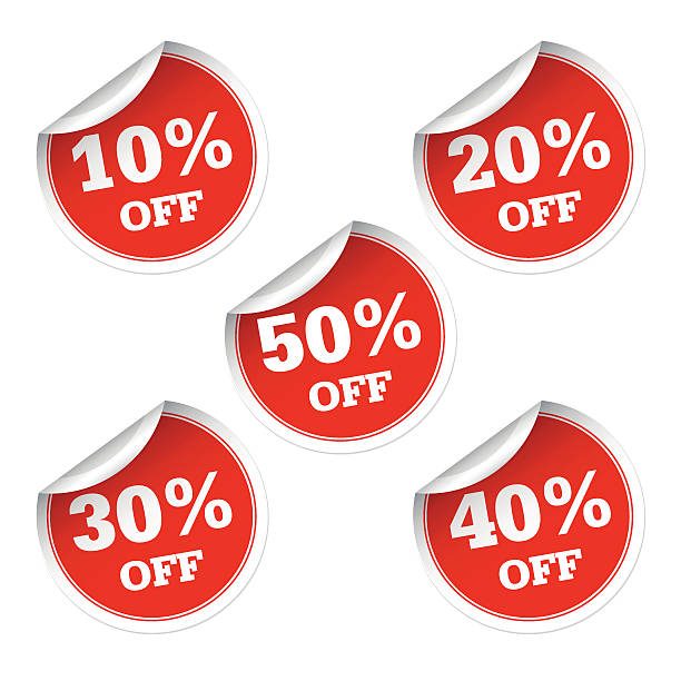 10, 20, 30, 40 и 50% на красный вектор стикер - number 10 percentage sign promotion sale stock illustrations