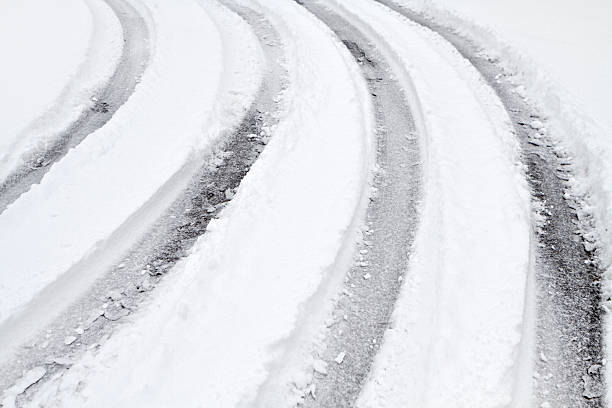 istock Curved Tire Tracks On A Snow Covered Road 471458399