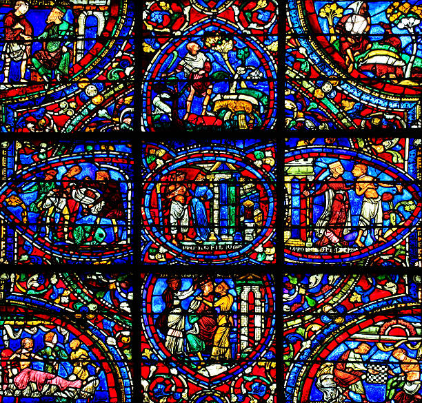 Window Parable of the Prodigal Son 2, Cathedral Notre-Dame, Chartres Stained glass window at the north aisle of cathedral Notre Dame, Chartres. This is the window Parable of the Prodigal Son and is made at the 13th century chartres cathedral stock pictures, royalty-free photos & images