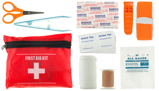 Personal First Aid Kit in a small pouch for outdoor sports, survival kits, edc, vs.