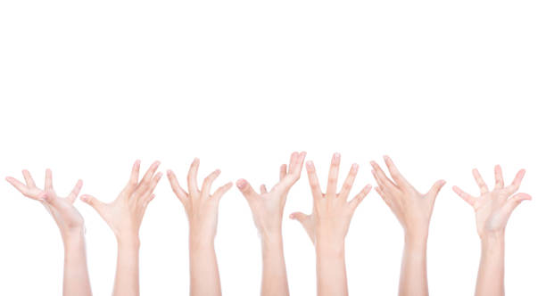 istock Group of Hands reaching for something isolated on white 471461487