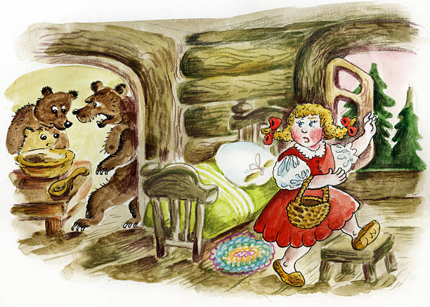 Illustration of fairy tale "Three bears". Illustration for fairy tale "Three bears". Little girl run away from angry bear`s house. Hand painted by photographer three animals stock illustrations