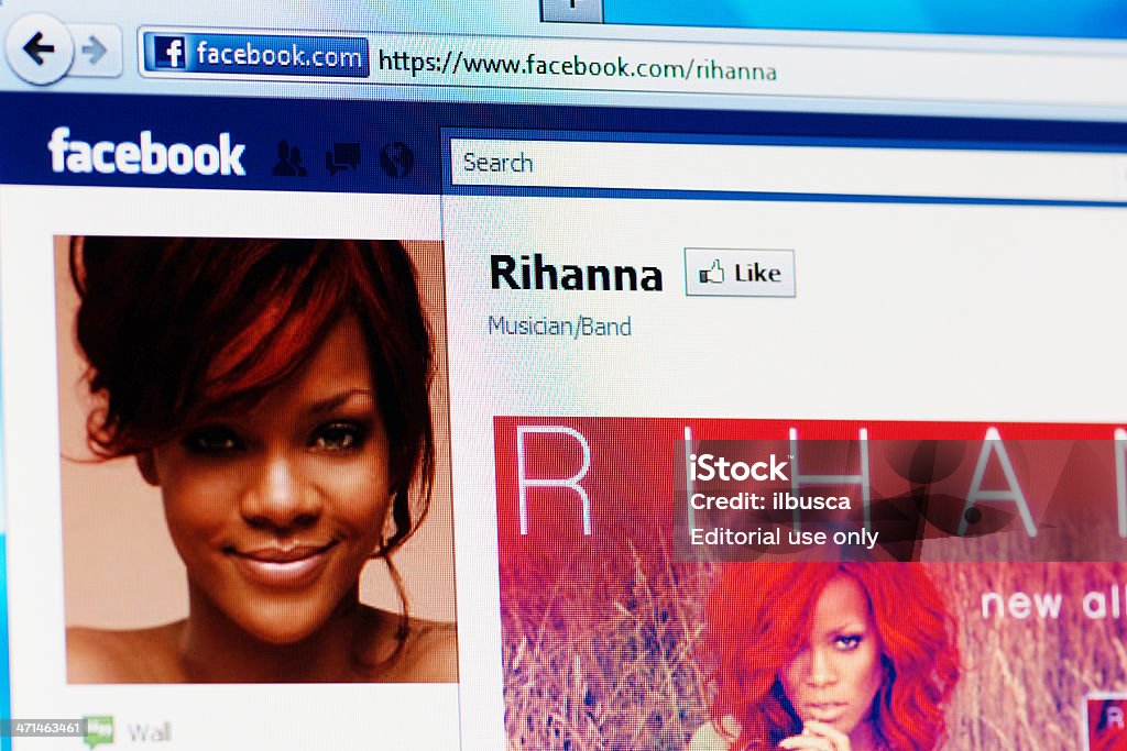 Facebook-Seite von Rihanna auf RGB laptop-Bildschirm - Lizenzfrei Rihanna Stock-Foto