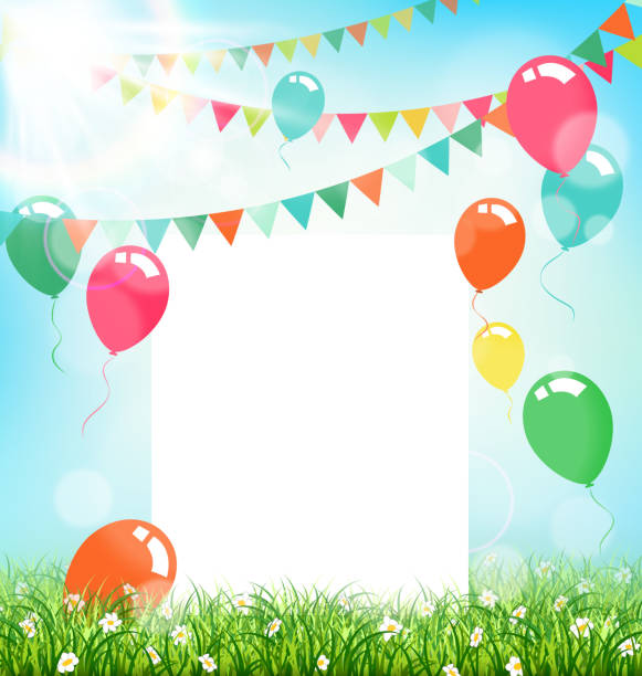 Celebration background with frame buntings air balls grass Celebration background with frame buntings air balls grass and sunlight on sky background fete stock illustrations